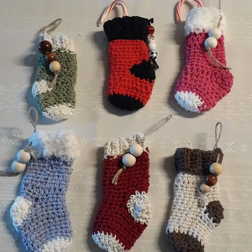 6 pc.hand‎ crocheted sock ornaments